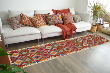 Flat Weave Kilim, Antique, Navaho, Vintage, Handmade, Geometric Kilim Rust Beige Hand-Woven Runner 100% Wool Area Rug 3 x 13